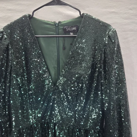 Saloni Camille Women's Size 12 Green Long Sleeve Sequin Dress